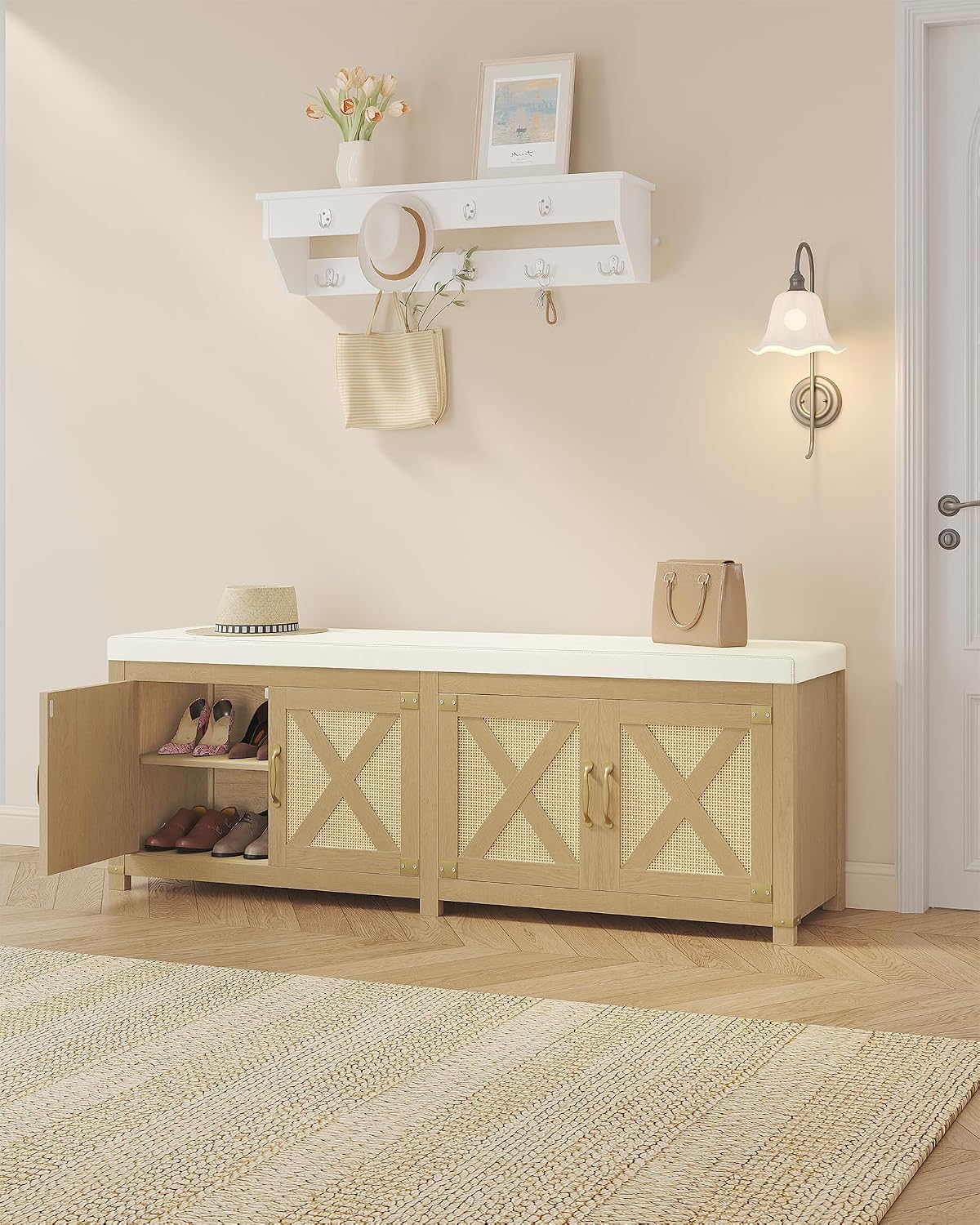 Hzuaneri Shoe Storage Bench, 2 Tier Shoe Bench with Padded Seat Cushion & 4 Barn Doors, 59" Entryway Bench with Adjustable Shelf, Farmhouse Shoe Cabinet for Living Room, Bedroom, Camel Yellow SB31502M