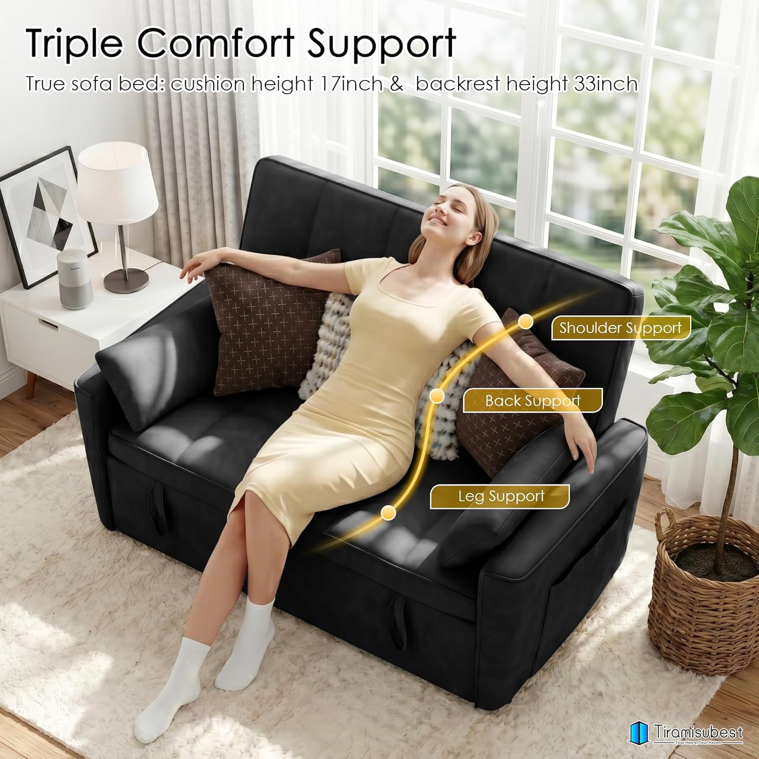 54'' Sleeper Sofa Bed, Convertible Pull Out Couch Futon for for Living Room,Apartment (Black, Loveseat) Side Pockets, Velvet Fabric, Adjustable Backrest, Pull-Out Bed, Easy Assembly