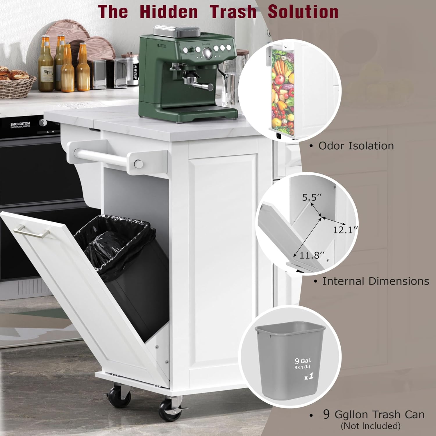 50.7" Kitchen Island with Drop Leaf Storage for Trash Can White
