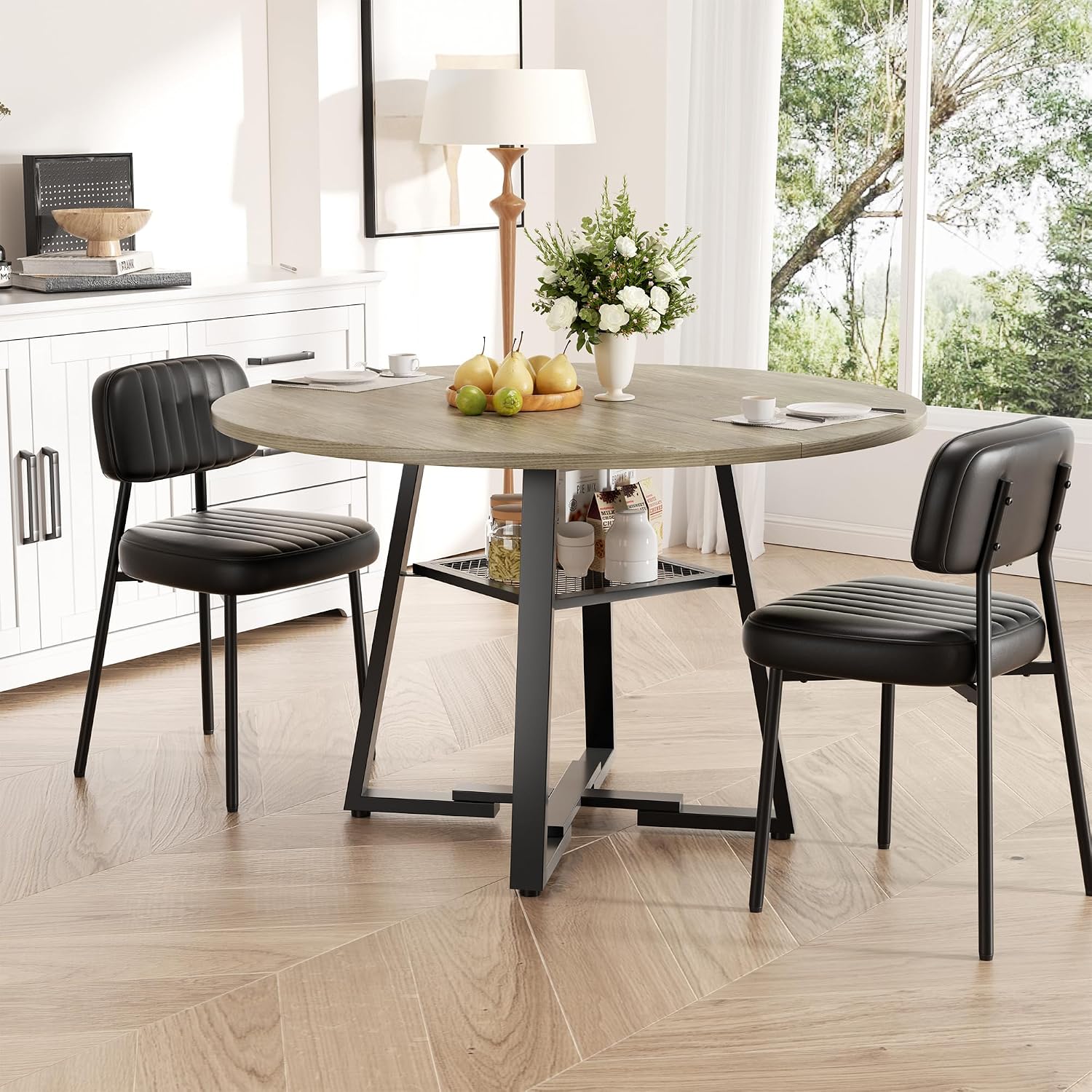 Round Dining Table for 4-6 People,47 Inch Dining Room Table,Modern Circle Kitchen Table with Storage Shelf and Metal Legs for Dining Room,Kitchen,Grey (Table Only)