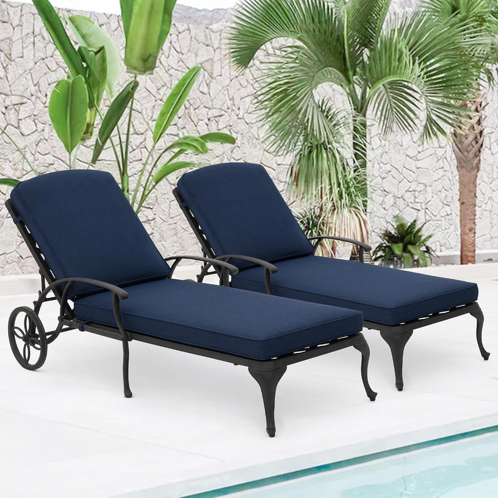 HOMEFUN Chaise Lounge Chair Outdoor - Poolside Chairs Set of 2 with Cushion Cast Aluminum Waterproof Lounger with Wheels and Adjustable Reclining, Pack of 2 (Navy Blue Cushion)