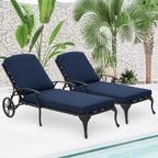 HOMEFUN Chaise Lounge Chair Outdoor - Poolside Chairs Set of 2 with Cushion Cast Aluminum Waterproof Lounger with Wheels and Adjustable Reclining, Pack of 2 (Navy Blue Cushion)