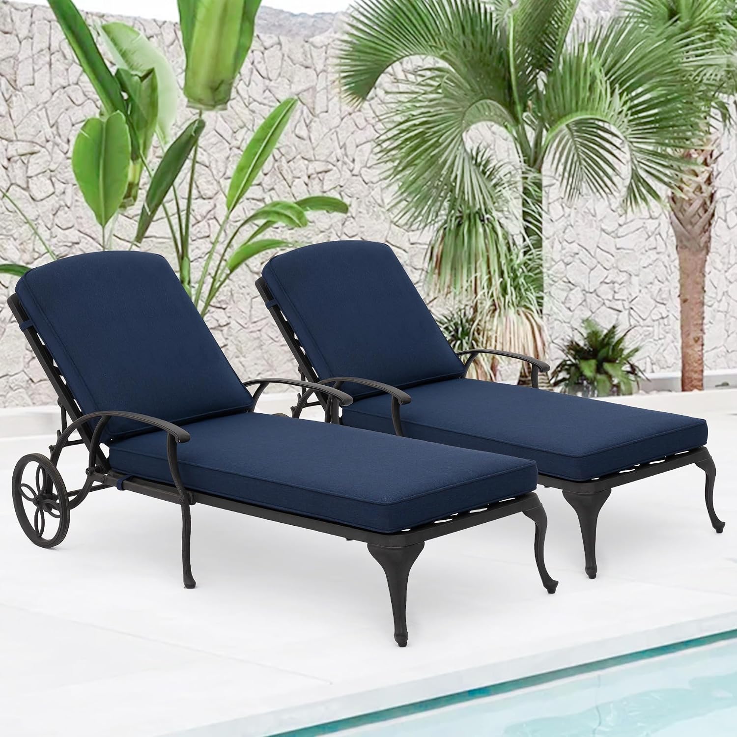 HOMEFUN Chaise Lounge Chair Outdoor - Poolside Chairs Set of 2 with Cushion Cast Aluminum Waterproof Lounger with Wheels and Adjustable Reclining, Pack of 2 (Navy Blue Cushion)