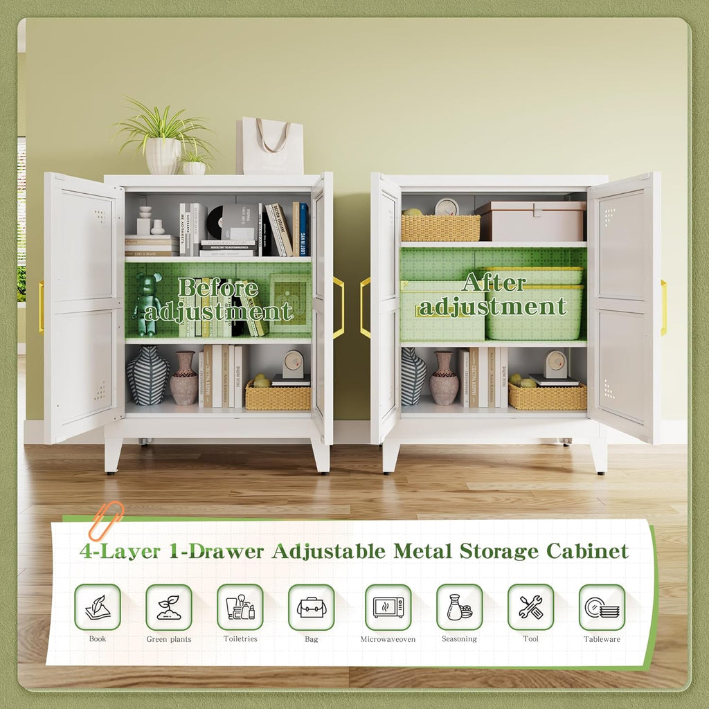 Short Storage Cabinet with 2 Doors and Adjustable Shelves, Metal Pantry Cabinets, Coffee Bar Cabinet, Kitchen Sideboard Cabinet, Small Floor Cabinet for Dining Room, Bathroom, Home Office