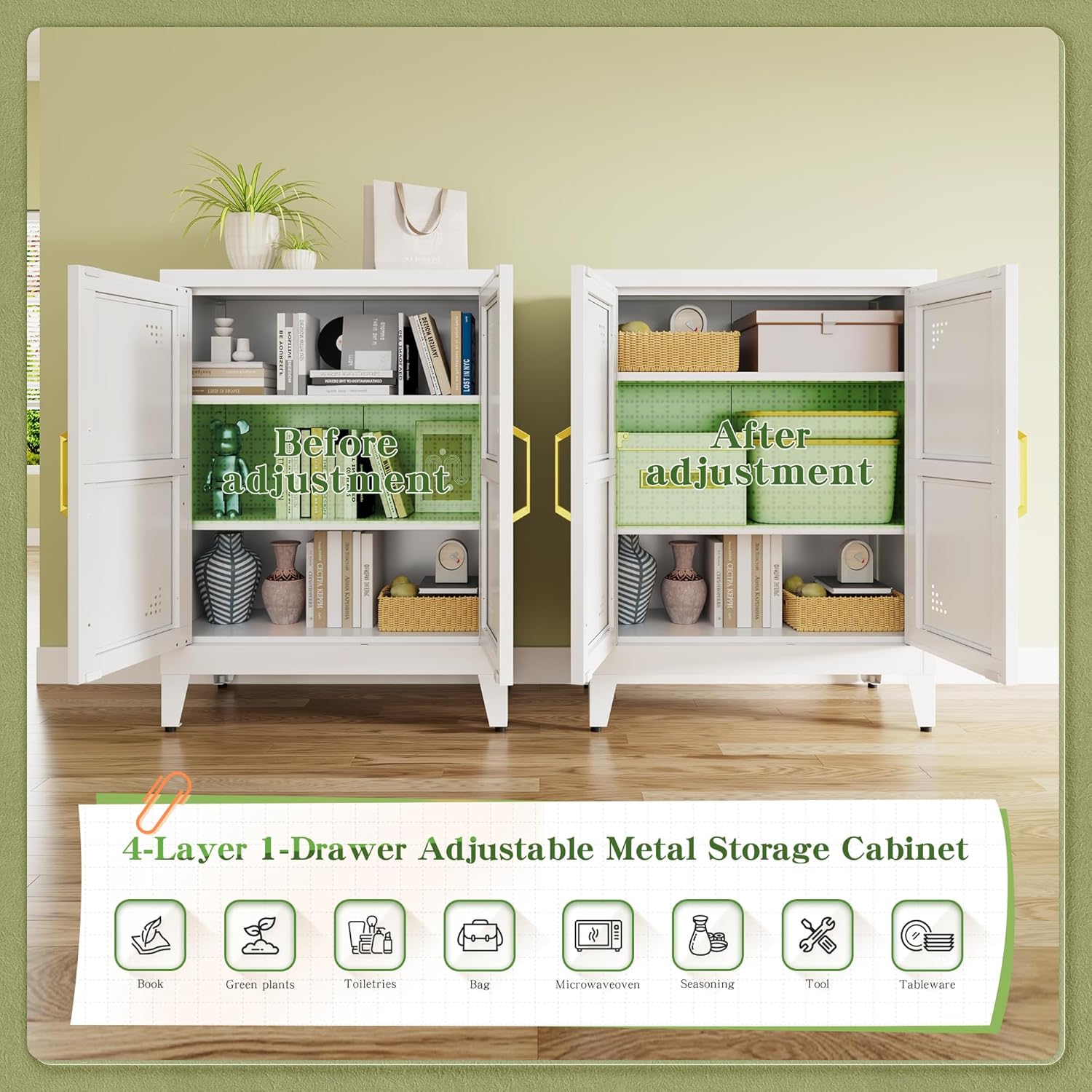 Short Storage Cabinet with 2 Doors and Adjustable Shelves, Metal Pantry Cabinets, Coffee Bar Cabinet, Kitchen Sideboard Cabinet, Small Floor Cabinet for Dining Room, Bathroom, Home Office