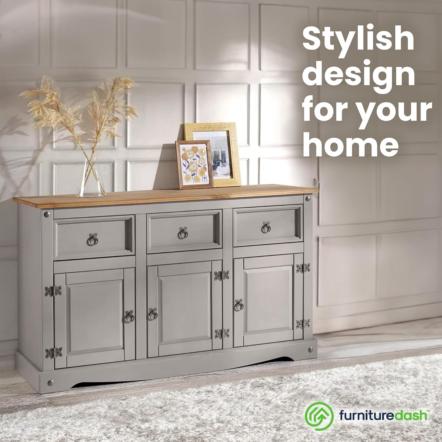 Furniture Dash Rustic Grey 6-Compartment Cabinet – Solid Wood Console Table with Storage Drawers & Doors for Dining, Kitchen, or Entryway Use