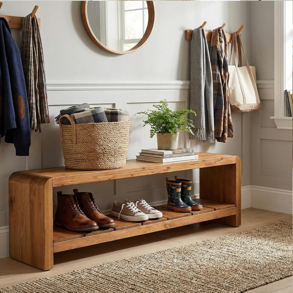 Solid Wood Entryway Bench with Shoe Storage, 59.06-Inch Long Shoe Bench with Open Shelf, Farmhouse End of Bed Seating for Hallway, Foyer, Bedroom, Walnut Brown