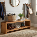 Solid Wood Entryway Bench with Shoe Storage, 59.06-Inch Long Shoe Bench with Open Shelf, Farmhouse End of Bed Seating for Hallway, Foyer, Bedroom, Walnut Brown