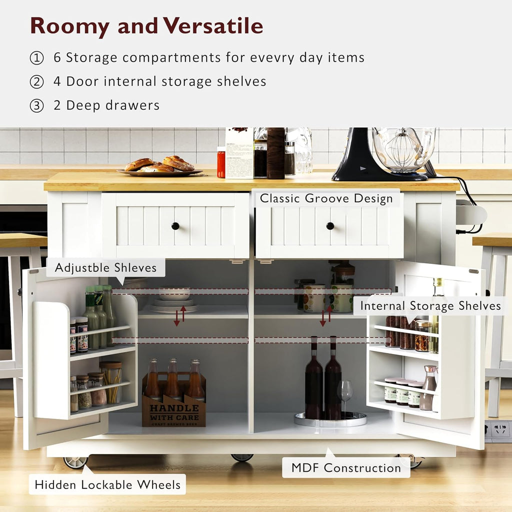 48" Kitchen Island with Drop Leaf, Power Outlet and Wheels | Drop Leaf Extension, Built-In Power Outlet, Rolling Wheels, 48 Inch Width, Kitchen Storage