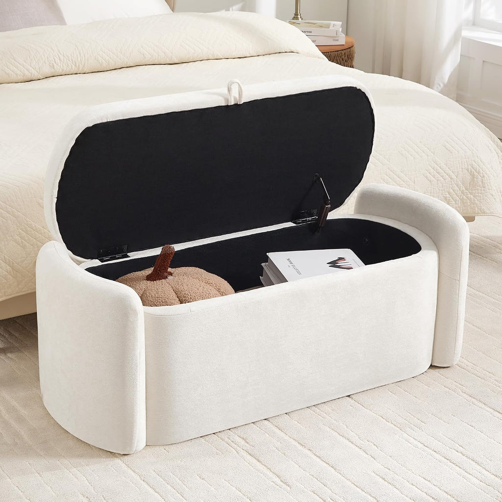 Oval Storage Ottoman Bench, 45" Upholstered Chenille End of Bed Bench Ottomans Bench, Storage Ottoman Foot Rest, Living Room and Hallway, Beige