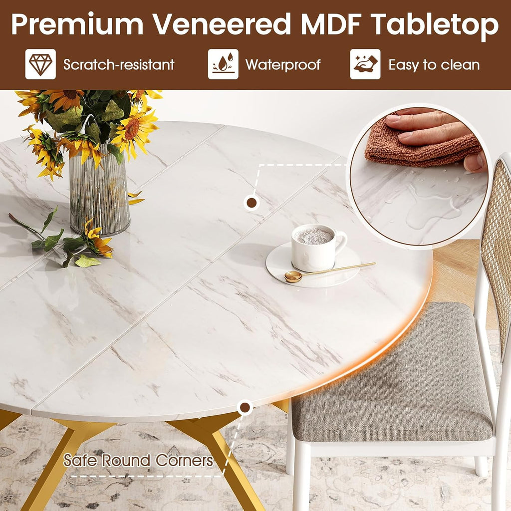 Giantex Folding Dining Table for 4-6 People, 47" Round Drop Leaf Table with Metal Frame, Mid-Century Modern Expandable Kitchen Tables for Small Spaces Dinette Living Room Restaurant (White)