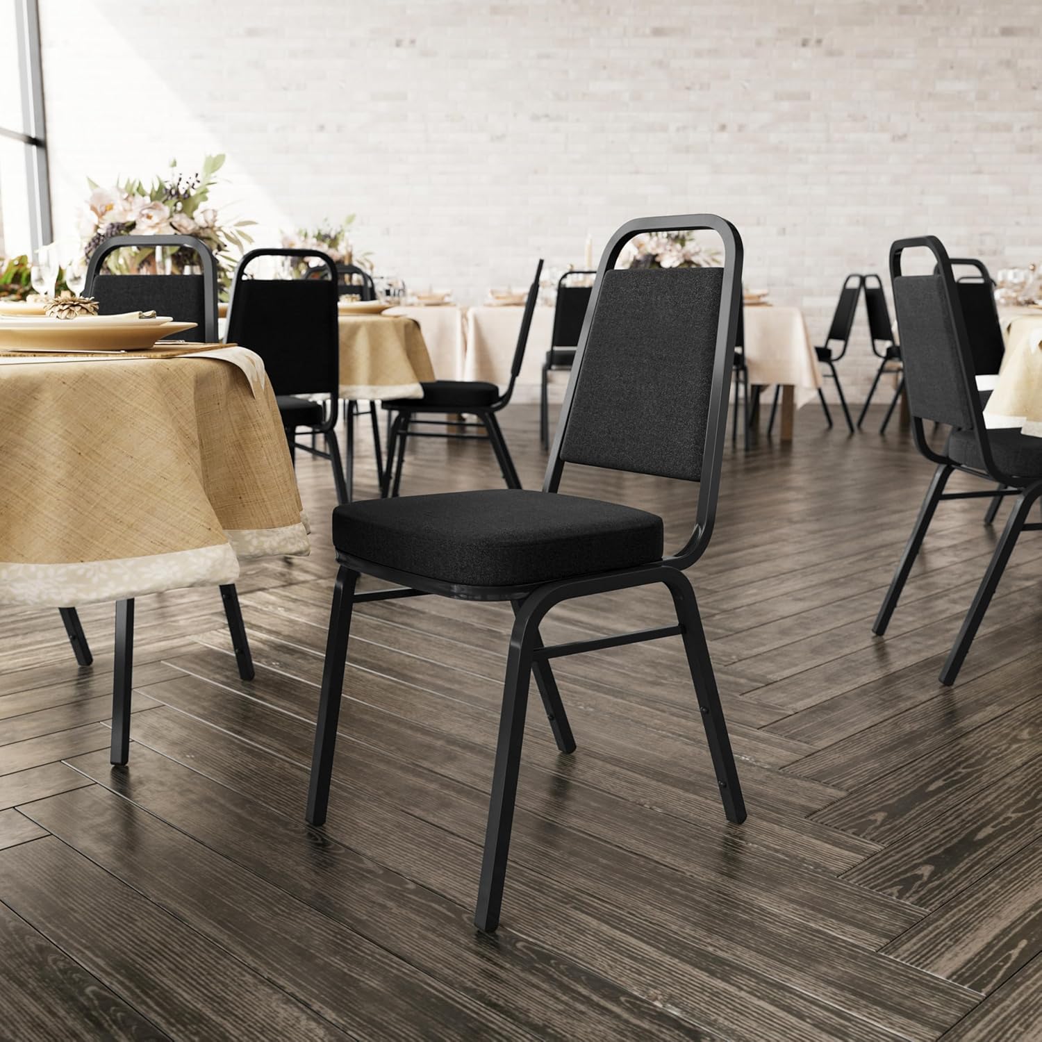 Flash Furniture Hercules Series Trapezoidal Back Stacking Banquet Chair with 2.5" Thick Seat in Black Fabric - Black Frame