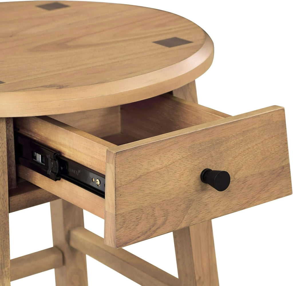 Solid Rubberwood Round Side Table with Drawer, Natural Oak Painted Finish Sofa End Table & Nightstand for Living Room, Bedroom