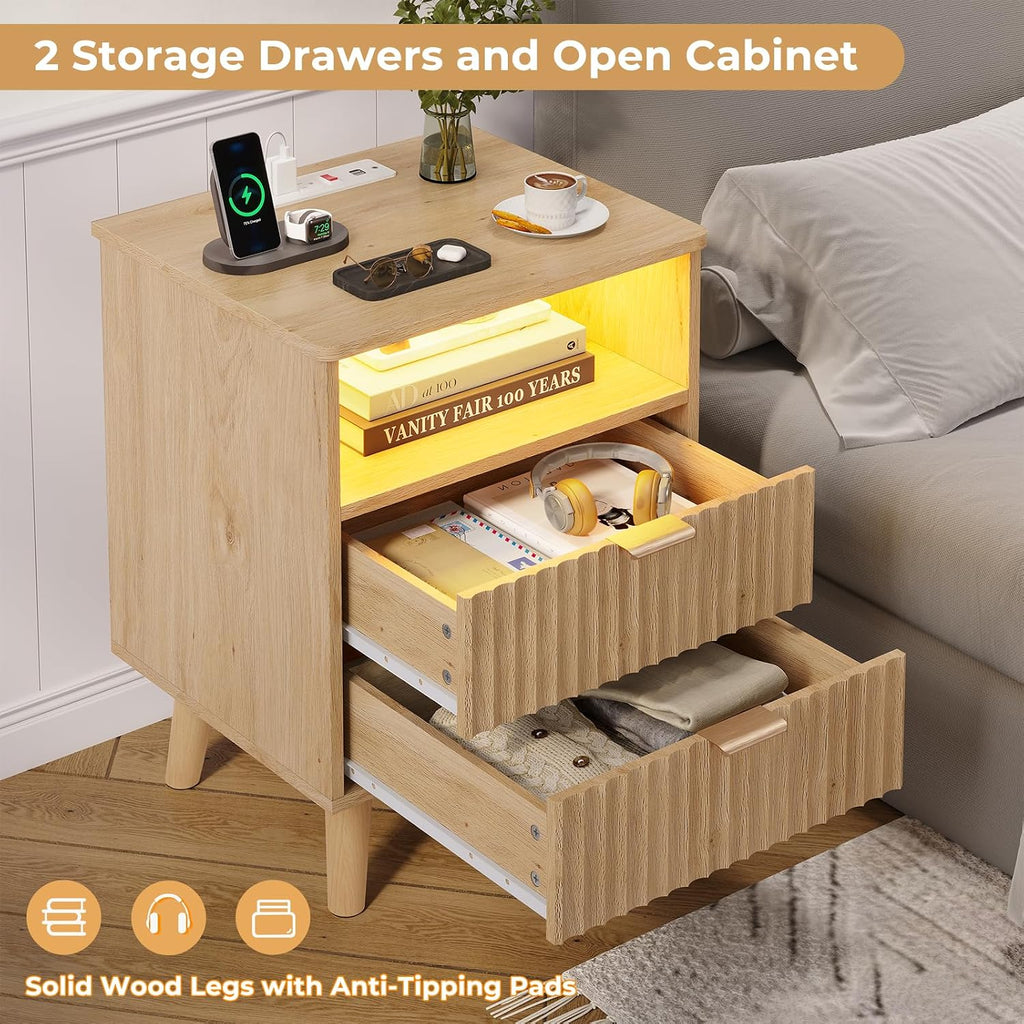 VIAGDO Fluted Nightstand with Charging Station and LED Lights, Modern Night Stand with 2 Drawers and Open Storage Cabinet, Bed Side Table with Gold Metal Handle for Bedroom, Natural Oak