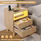 VIAGDO Fluted Nightstand with Charging Station and LED Lights, Modern Night Stand with 2 Drawers and Open Storage Cabinet, Bed Side Table with Gold Metal Handle for Bedroom, Natural Oak