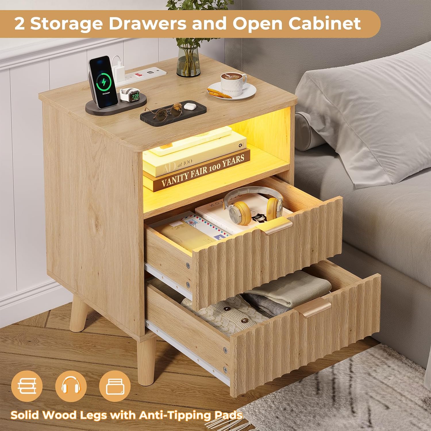 VIAGDO Fluted Nightstand with Charging Station and LED Lights, Modern Night Stand with 2 Drawers and Open Storage Cabinet, Bed Side Table with Gold Metal Handle for Bedroom, Natural Oak