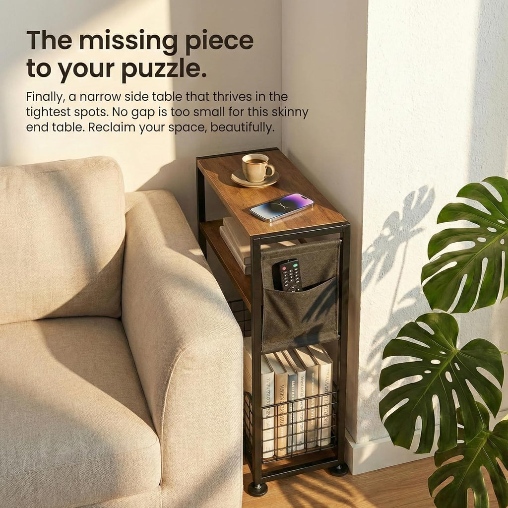 Skinny Side Table with Storage, 3 Tier Slim Side Tables for Small Spaces, Skinny End Table Narrow Bedside Table Narrow Side Table for Living Room, Bedroom