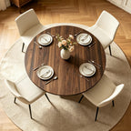 43.3" Round Dining Table Set for 4, 5 Piece Farmhouse Kitchen Table Set with 4 PU Chairs, Mid Century Modern Dining Table with Curved Solid Wood Frame for Dining Room, (Walnut Table+4 Beige Chairs)