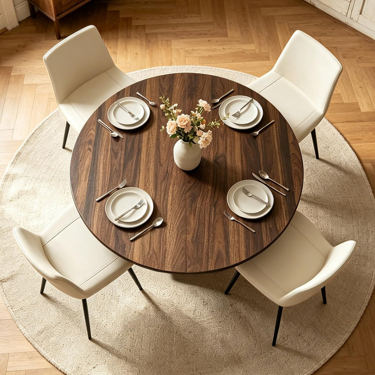 43.3" Round Dining Table Set for 4, 5 Piece Farmhouse Kitchen Table Set with 4 PU Chairs, Mid Century Modern Dining Table with Curved Solid Wood Frame for Dining Room, (Walnut Table+4 Beige Chairs)