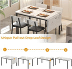 IRONCK 5-Piece 63" Extendable Dining Table with 4 Upholstered Chairs, Kitchen Table Set for 4-8 People, Dining Room Sets with MDF Wood Board, Drop Leaf Table Design for Space Saving, Marple White