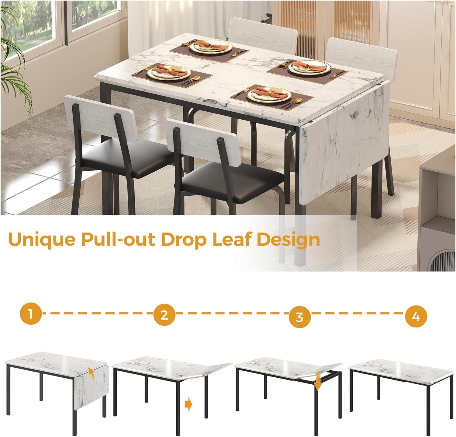 IRONCK 5-Piece 63" Extendable Dining Table with 4 Upholstered Chairs, Kitchen Table Set for 4-8 People, Dining Room Sets with MDF Wood Board, Drop Leaf Table Design for Space Saving, Marple White