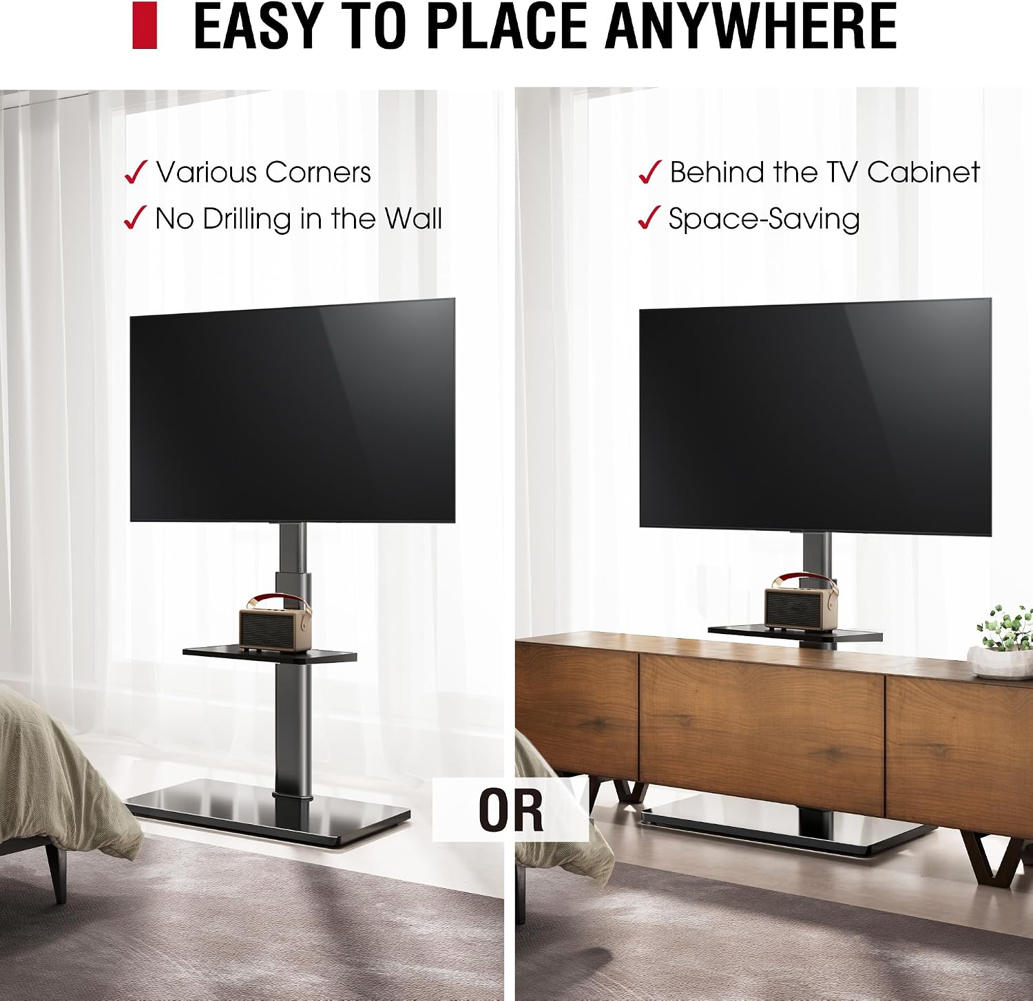 AOKCOS Floor TV Stand with 60-Degree Swivel, TV Floor Stand for 32-65 inch TVs up to 88lbs with Tilt, 8 Level Height Adjustable Tall TV Mount Stand with Shelf, Tempered Glass Base, MAX VESA 400x400mm