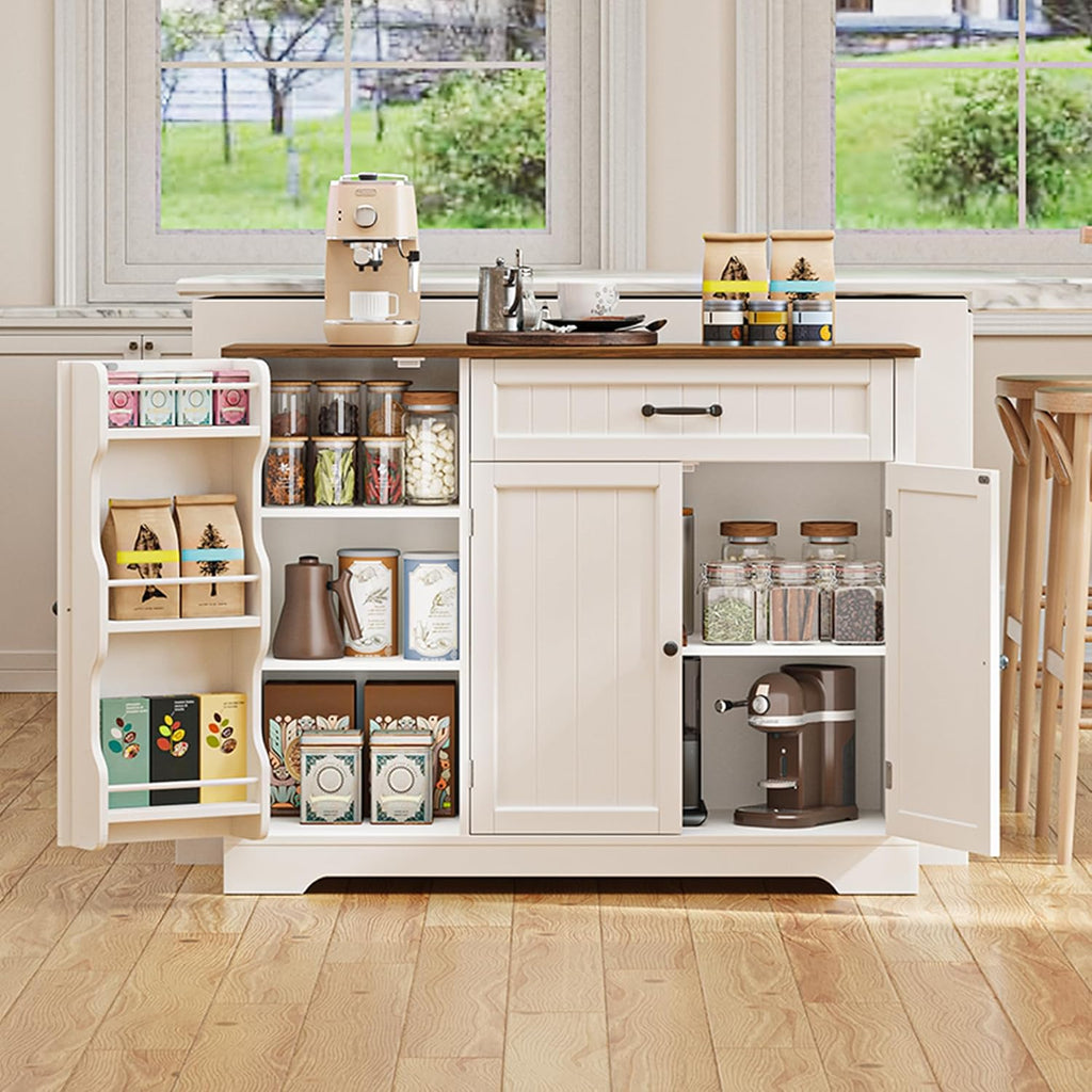 Kitchen Coffee Bar Cabinet with Storage, Sideboard Buffet with Drawers, Shelves and Door, Short Pantry Cabinet for Bathroom or Living Room, White Rustic