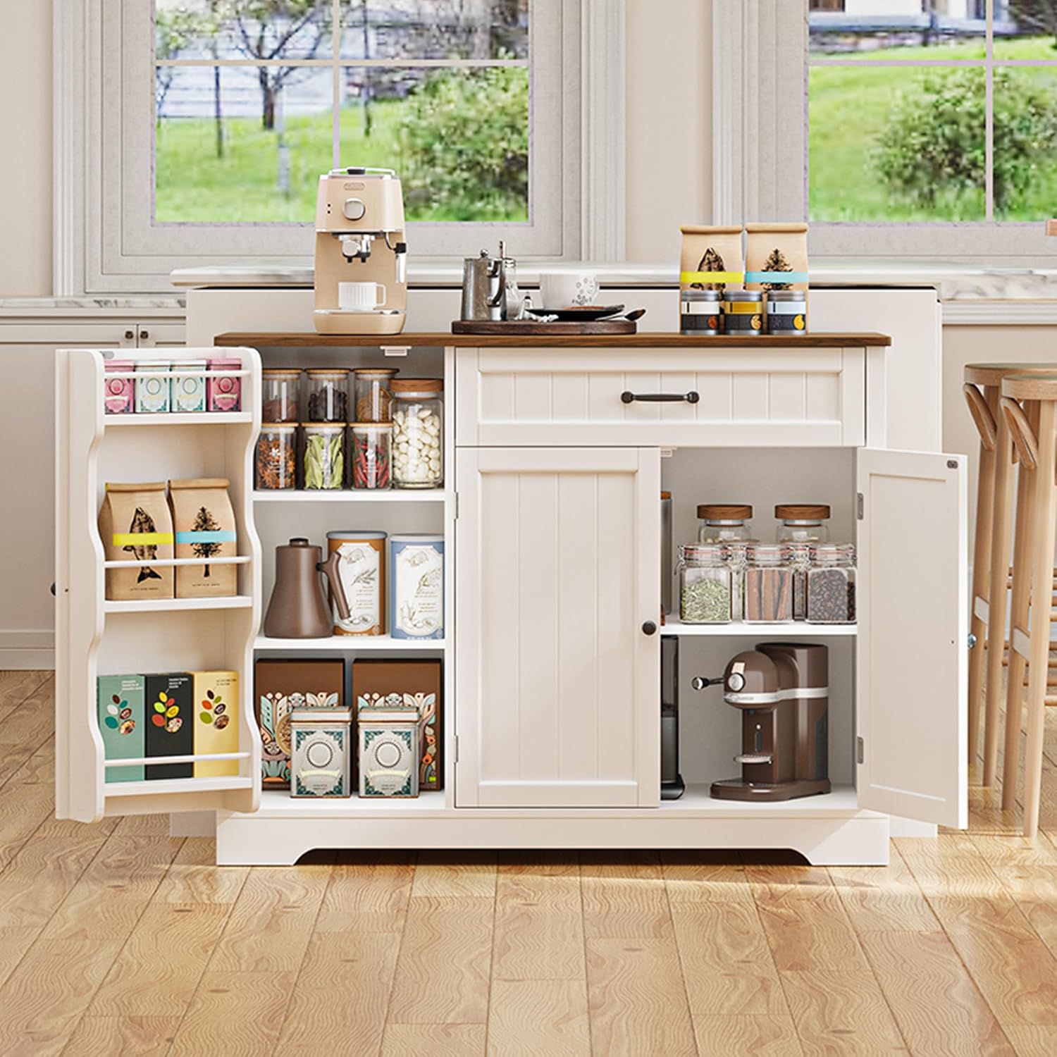 Kitchen Coffee Bar Cabinet with Storage, Sideboard Buffet with Drawers, Shelves and Door, Short Pantry Cabinet for Bathroom or Living Room, White Rustic