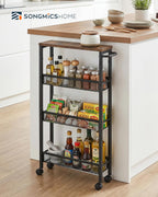 SONGMICS HOME Slim Rolling Cart, 4-Tier Storage Cart with Wheels and Handle, Narrow Utility Cart for Kitchen, Living Room, Brown and Black