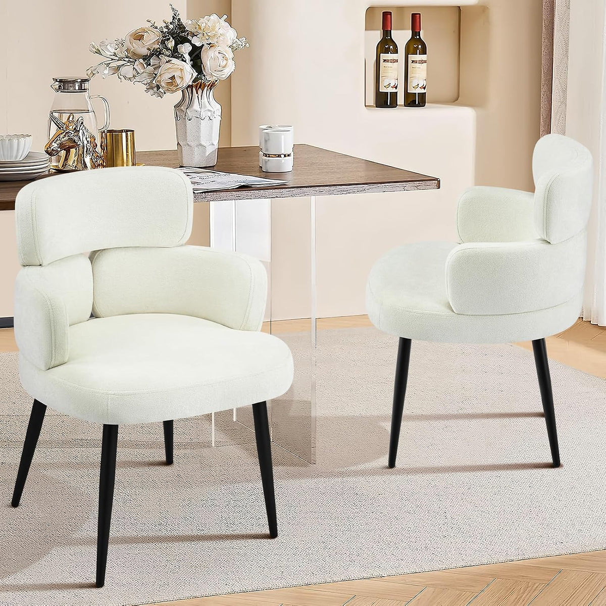 Modern Upholstered Dining Chair, Accent Chair with Soft Fabric, Black Metal Legs, Reading Chair for Living Room, Vanity Chair for Makeup Room, Bedroom, Beige