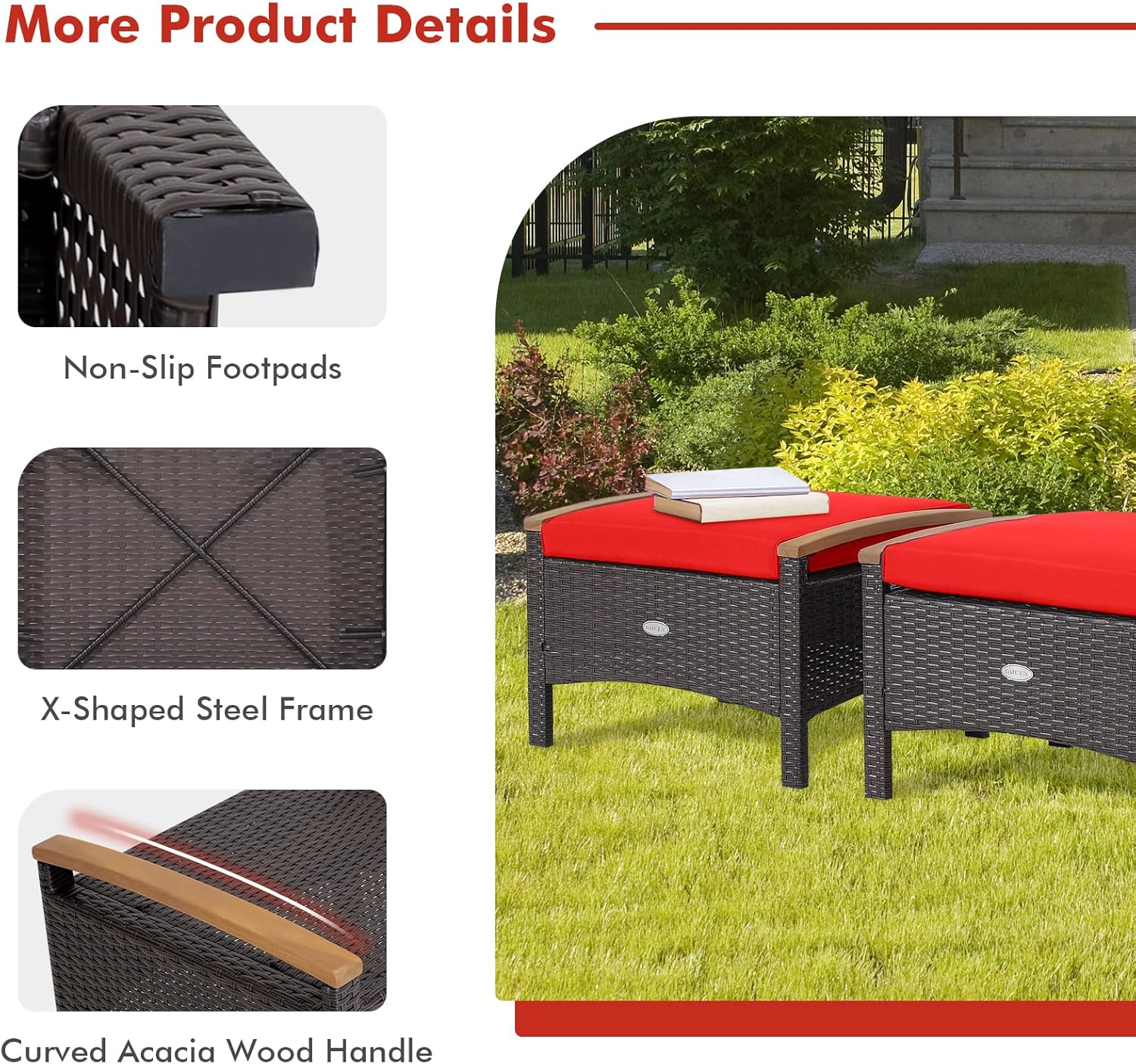ORALNER Outdoor Ottoman, Set of 2 Rattan Footstools, All-Weather Wicker Foot Stools w/Removable Cushions, Patio Footrest Extra Seating for Porch, Poolside, Garden, Deck, Easy Assembly (Red)