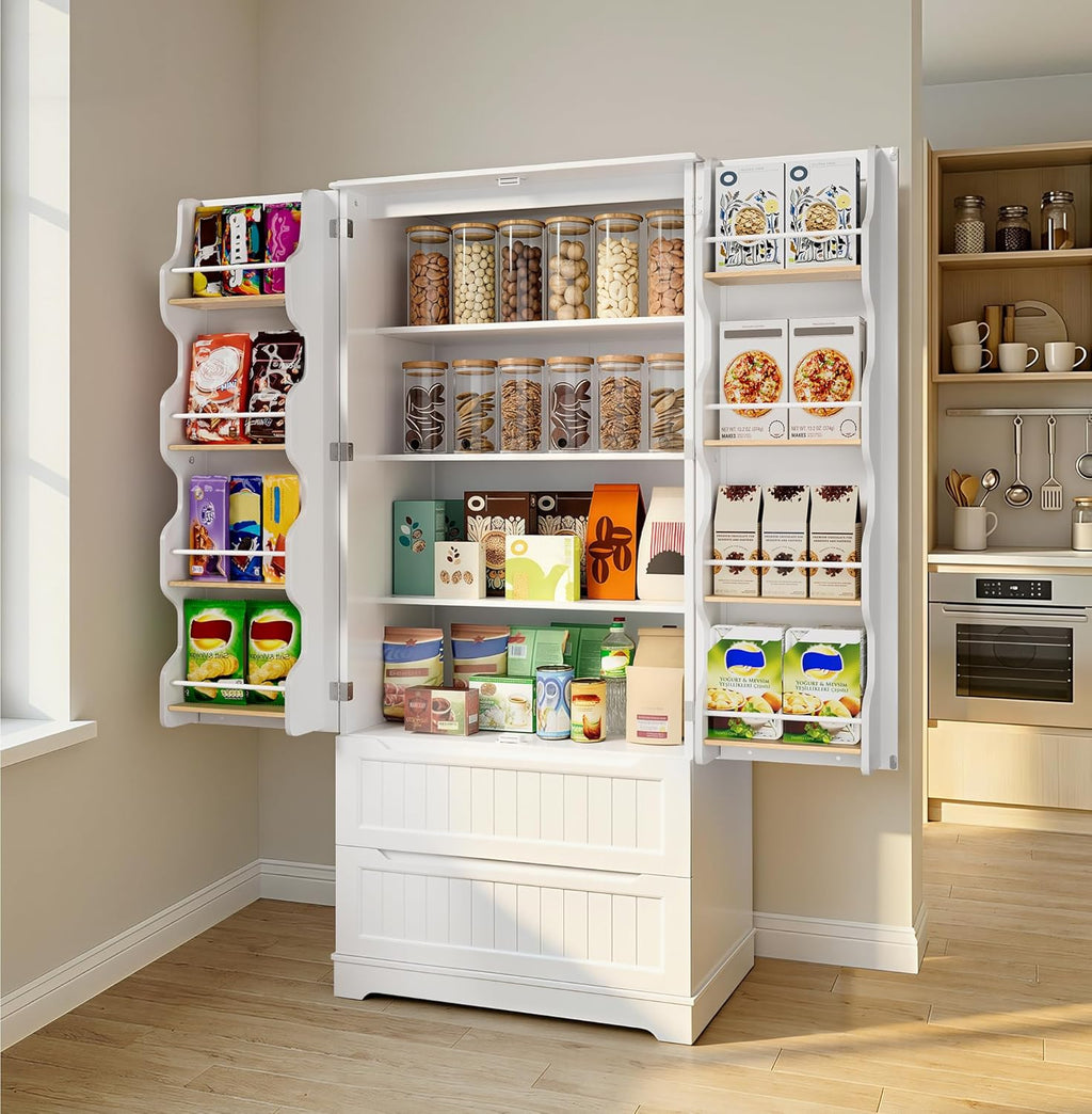 Gizoon 71" Tall Kitchen Pantry Cabinet with Drawers for Dining Room, Food Pantry Storage Cabinet with 8 Doors Shelves for Snack and Spice, Large Craft Storage Cabinet for Craft Room, White, Painted