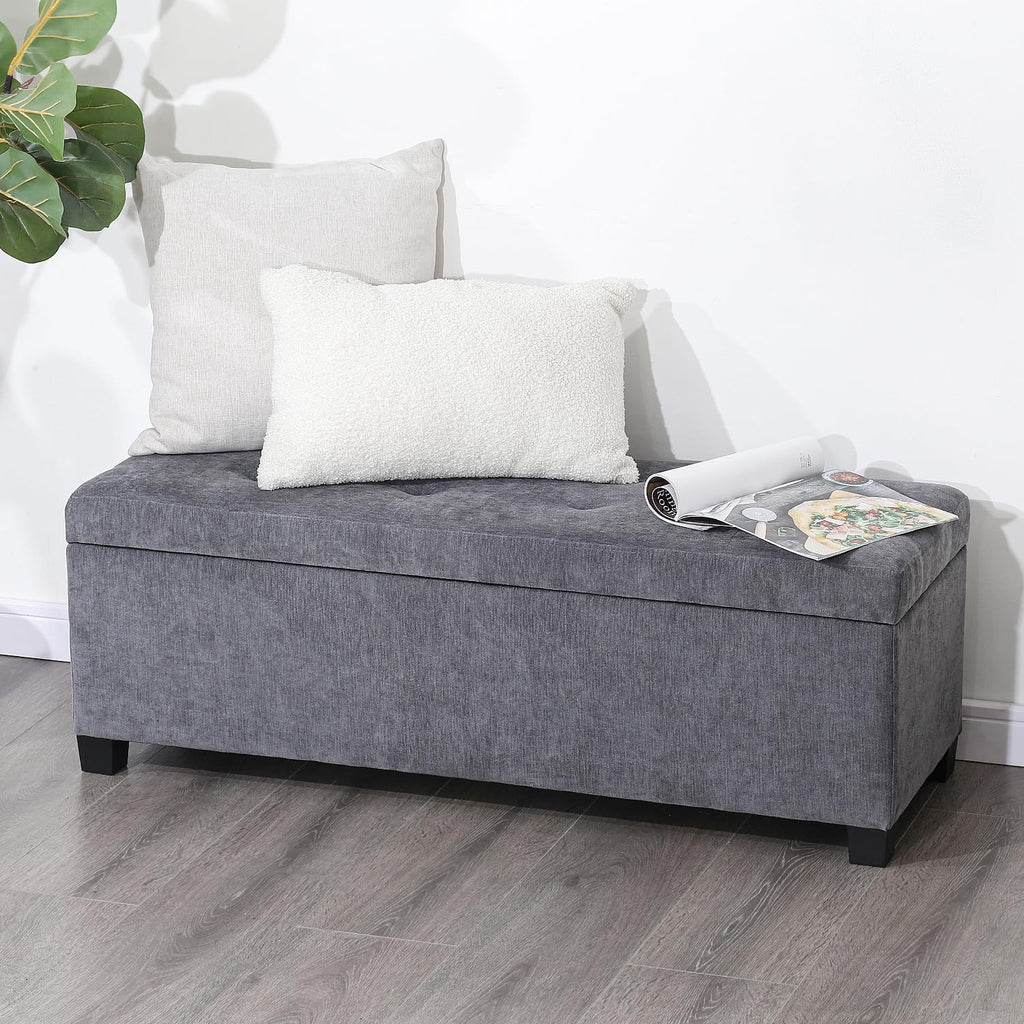 Asense Storage Ottoman Bench,42 inch Upholstered End of Bed Bench,Safety Hinge Storage Bench for Living Room,Bedroom,Entryway (42" Cotton-Linen Grey)