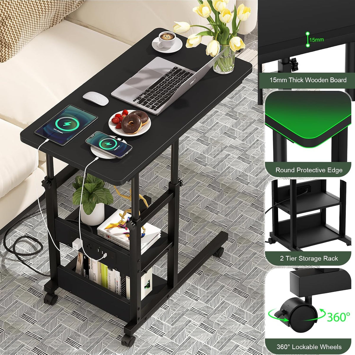 Armocity C Shaped End Table Height Adjustable - Couch Side Table with Charging Station, TV Tray with Wheels Slide Under Sofa for Small Spaces, Living Room Bedroom, Black