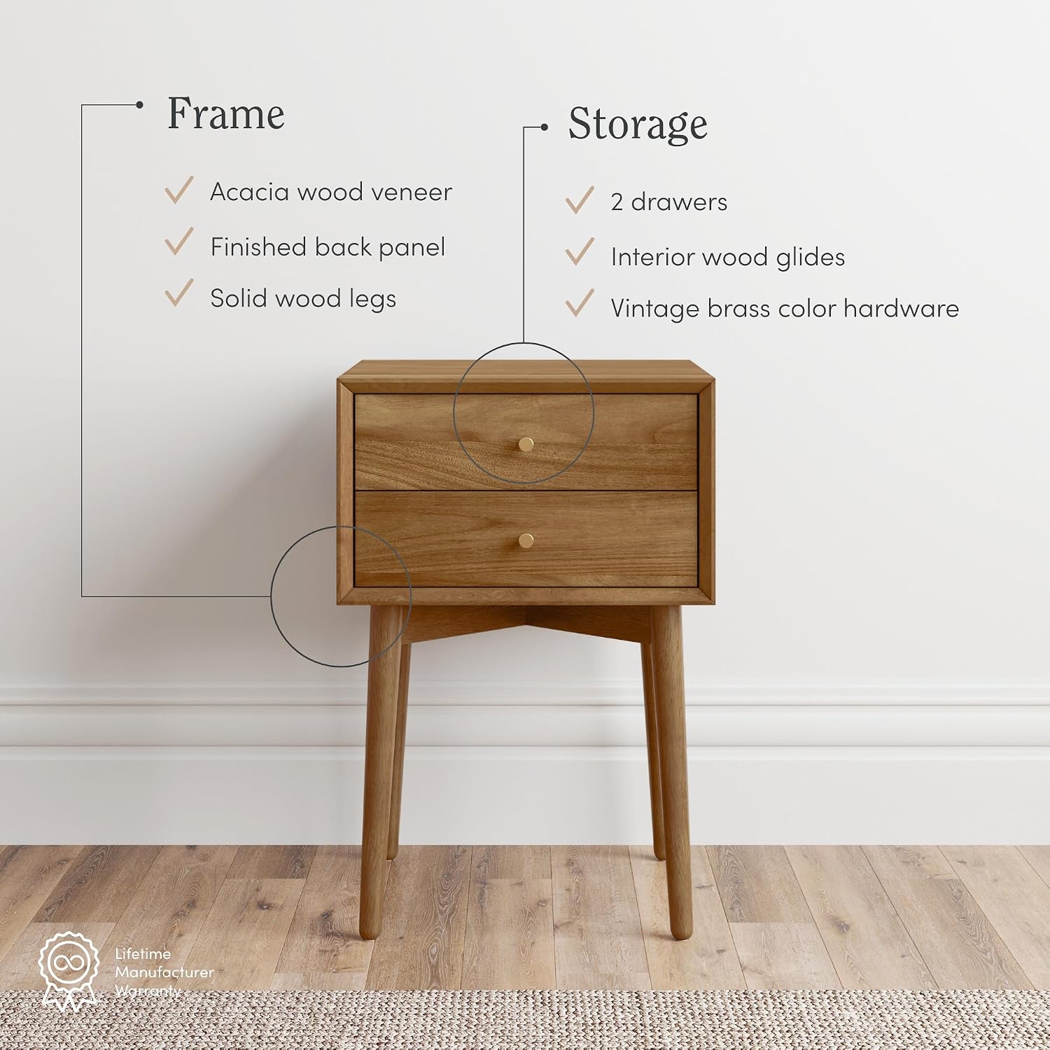 Nathan James 32704 Harper Mid-Century Oak Wood Nightstand with 2-Drawers, Small Side End Table with Storage, Brown
