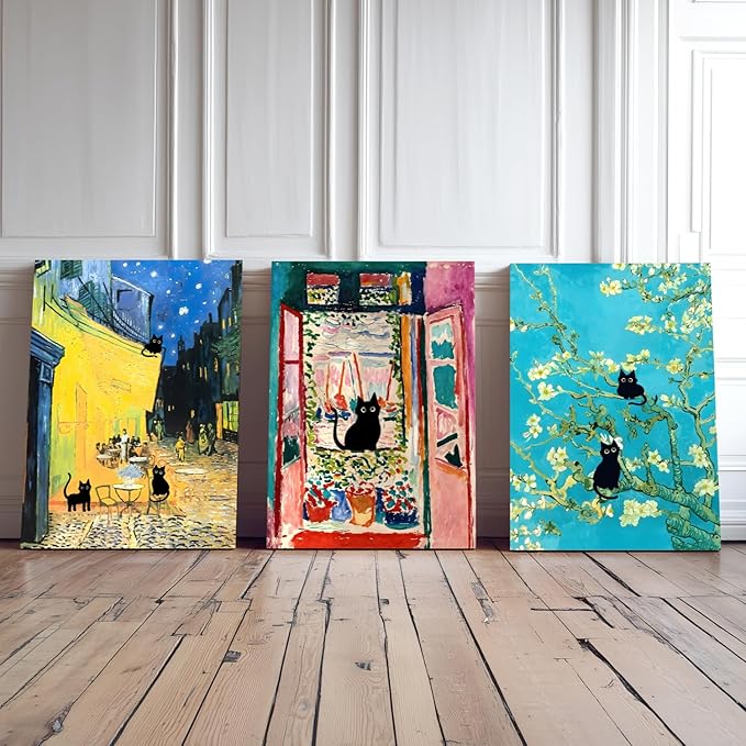 FASWQ Whimsical Black Cat Wall Art, Van Gogh Matisse Picasso Wall Decor, Funny Bathroom Canvas Paintings, Cute Animal Aesthetic Pictures for Living Room Kids' Room Framed Ready to Hang 16"x24"x3