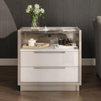 AMERLIFE 23.6" Nightstand Set of 2, Modern Bedside Table, Cream & Grey | High Gloss End Table, Night Stand with Charging Station, 2 Drawers & Open Shelf, Glass Top, Easy Assembly, Bedroom Storage