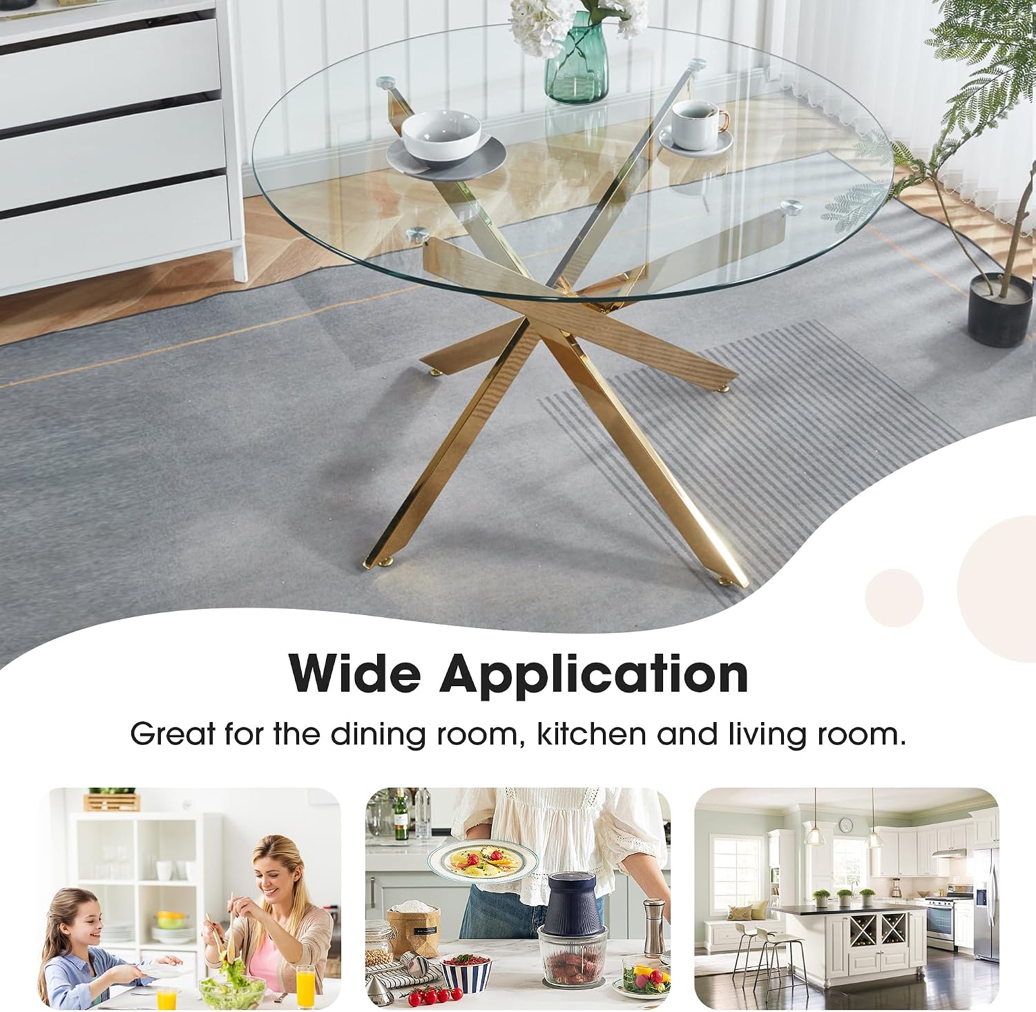 Round Glass Dining Table Set for 4, Small Kitchen Table Set for 4, 47" Circle Gold Glass Table and Chairs Set of 4,5 Piece Round Dining Room Table Set w/Beige Velvet Chairs for Breakfast Dinette Cafe