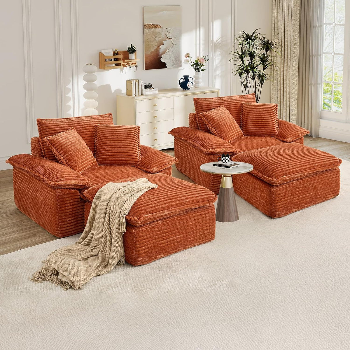 Oversized Chaise Lounge Chair Indoor with Ottoman, Upholstered Corduroy Modern Sofa Chair, Deep Seat Comfy Reading Armchair, Sleeper Sectional Couch for Living Room/Bedroom(47.6"W, Orange)