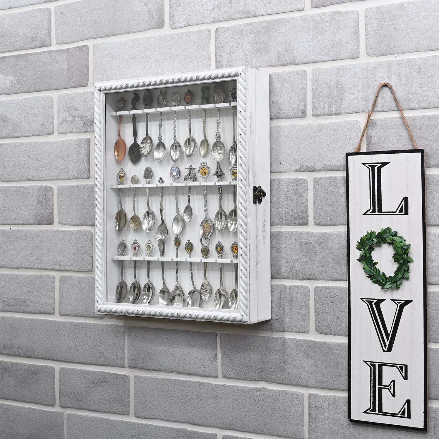 Ikee Design Wooden 30-Souvenir Spoon Display Case Cabinet, Wall-Mounted Tea Spoon Rack with Tempered Glass Door Suitable for Collection Display, Antique White Color, 13.4W x 2.6D x 15.7H in