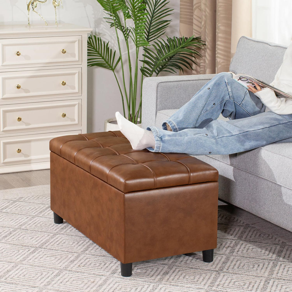 Joveco Storage Ottoman Bench, 32 Inches Faux Leather Rectangle Tufted Foot Stool for End Foot of Bed, Bedroom, Living Room, Creamy Caramel