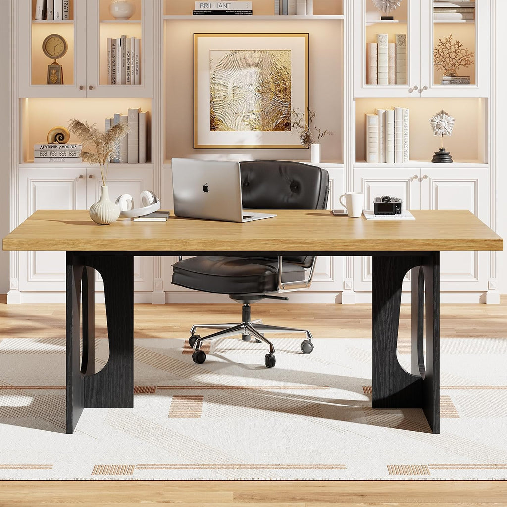 GarveeHome Dining Table for 6-8 People - 71" Modern Long Kitchen Table with Large Tabletop & Heavy Duty Pedestal Legs, Dinner Table for Kitchen, Conference Room, Home, Natural & Black