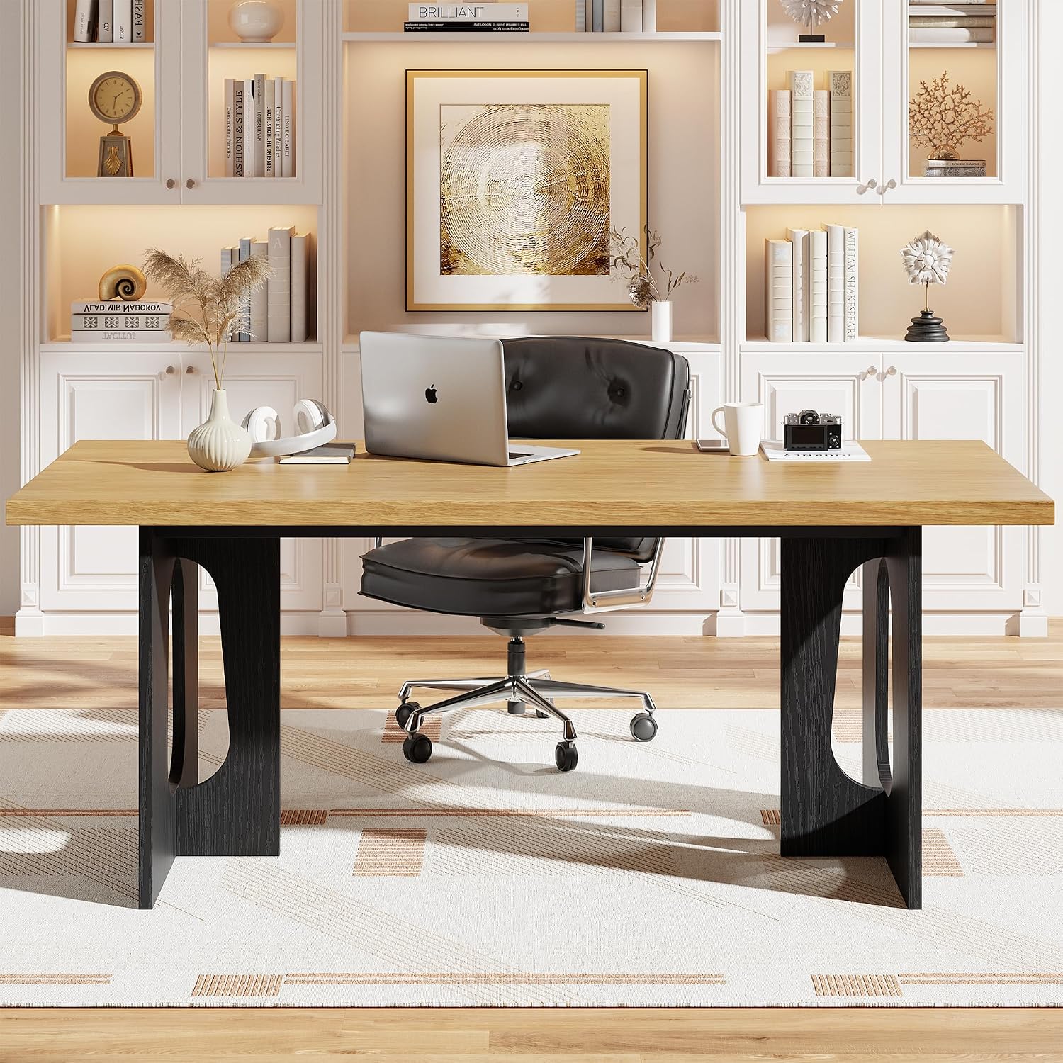 GarveeHome Dining Table for 6-8 People - 71" Modern Long Kitchen Table with Large Tabletop & Heavy Duty Pedestal Legs, Dinner Table for Kitchen, Conference Room, Home, Natural & Black