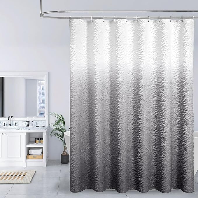 MitoVilla Grey Ombre Shower Curtain, Farmhouse Waves Fabric Shower Curtains for Modern Hotel Bathroom Decor, 3D Geometric Embossed Textured, Waterproof & Wrinkle Resistant, 72 x 72