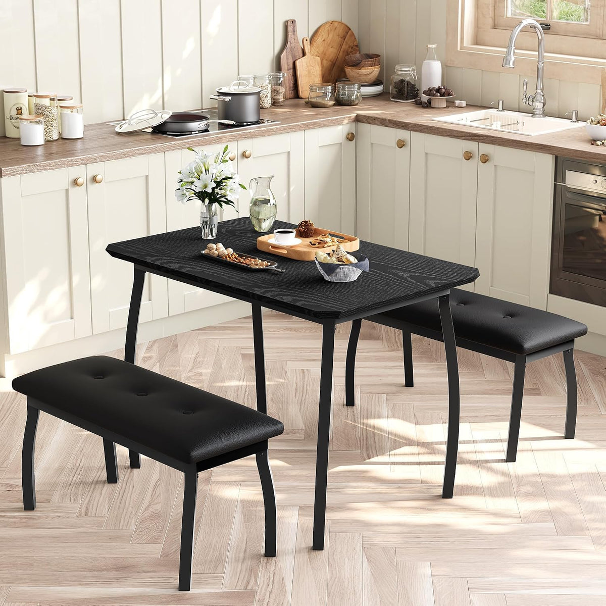 GAOMON Dining Table Set for 4, 3-Piece Wooden Kitchen Table with 2 Upholstered Benches, Space-Saving Dinette Set for Restaurant, Studio, Dining Room, Home Kitchen, Gray (Black, 2 Chairs)