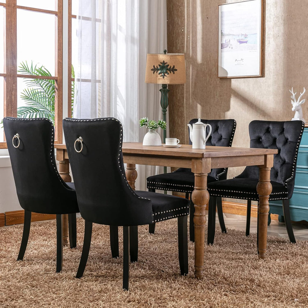 ODUSE-DAILY Black Velvet Dining Chairs Set of 4, Kitchen & Dining Room Chairs, Four Fabric Tufted Dinning Chairs, Velvet Upholstered, Wing Back, Metal Pull Ring, Wood Frame, Mid Century Modern