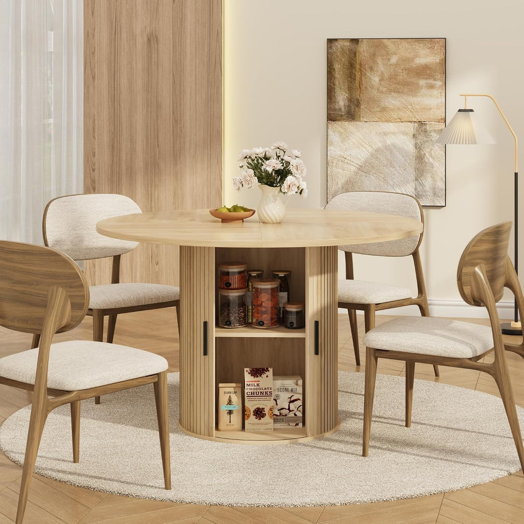 IDEALHOUSE 47 Inch Round Dining Table for 4, Natural Oak | Farmhouse Kitchen Table, 2-Layer Storage Shelf, Wood Slide Door, Space Saving