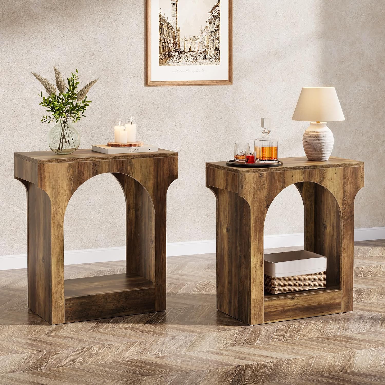 Tribesigns Wood End Table Set of 2, Side Table with Storage Space for Living Room, Narrow Nightstand for Bedroom, Rustic Brown