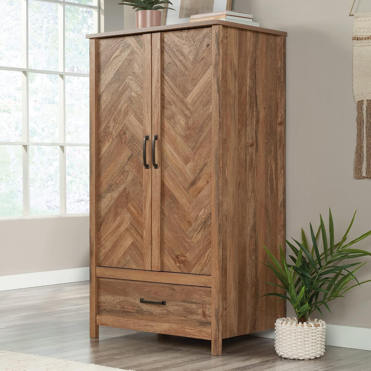 Sauder Cannery Bridge 32.36" W x 22.52" D x 59.80" H Armoire & Dresser in Sindoori Mango Finish with Garment Rod & 6 Drawers