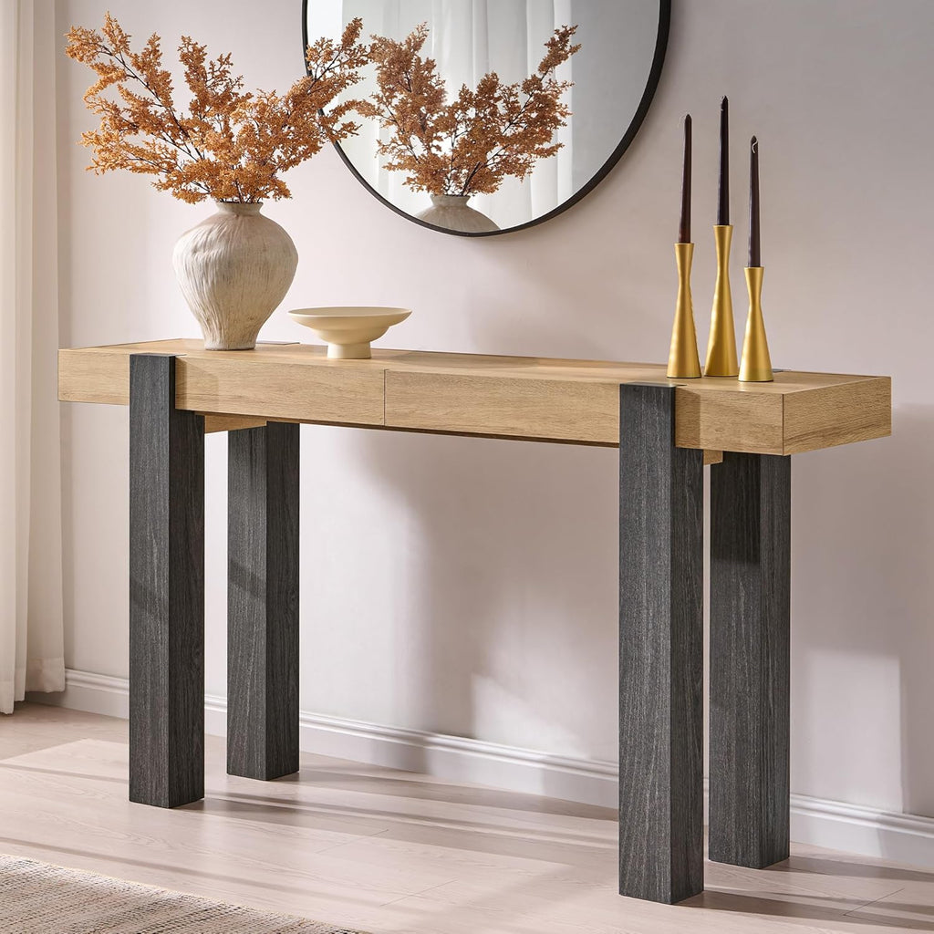 OKD Modern Farmhouse Entryway Table with 2 Drawers, 63" Wooden Console Table with Storage for Hallway, Behind Sofa, Living Room, Natural Oak with Dark Alder